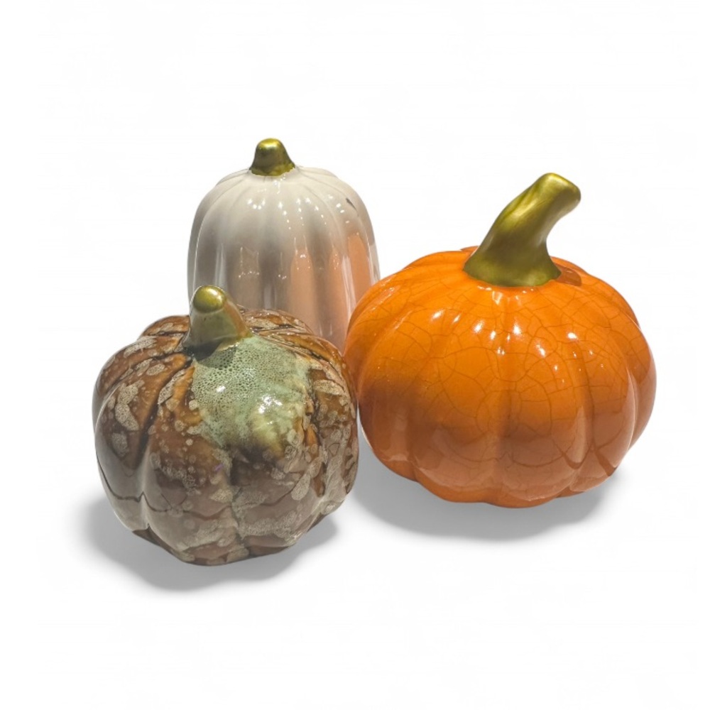 Set of 3 Ceramic Miniature Pumpkin Figurines Fall/Halloween White/Orange/Brown
